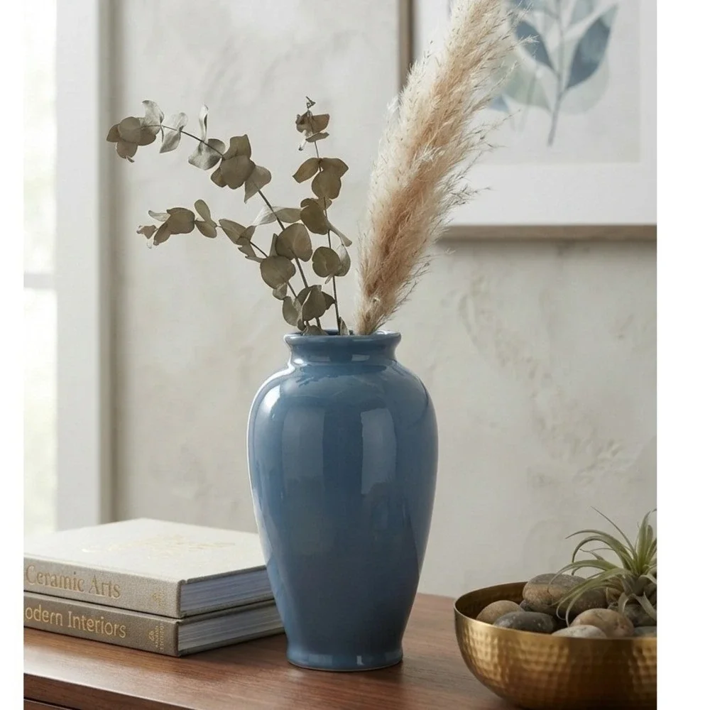 Vintage Glossy Slate Blue Ceramic Bud Vase 6.5 Inch Baluster Style Home Decor
